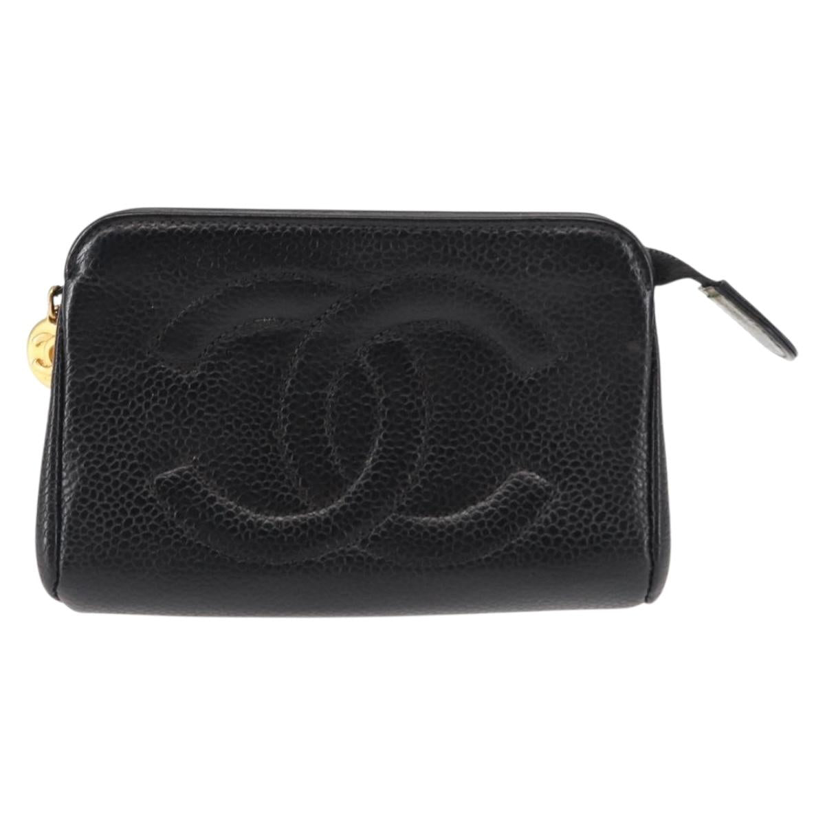CHANEL COCO Mark Coin Purse Caviar Skin Black Gold CC Auth fm4870