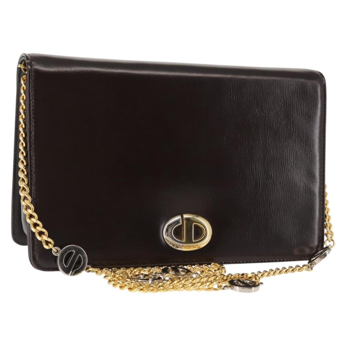 Christian Dior Chain Shoulder Bag Leather Brown Gold Auth fm4872