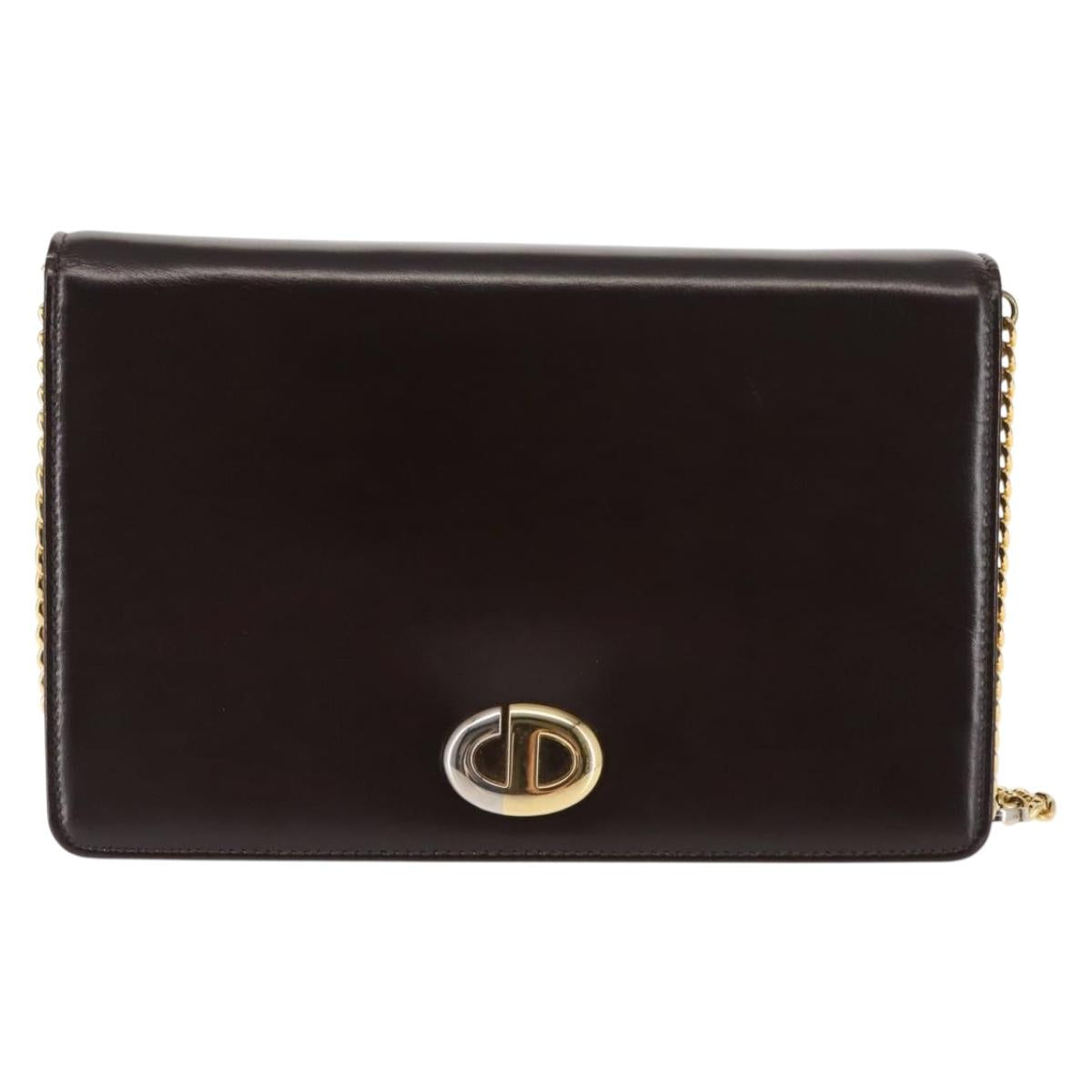 Christian Dior Chain Shoulder Bag Leather Brown Gold Auth fm4872