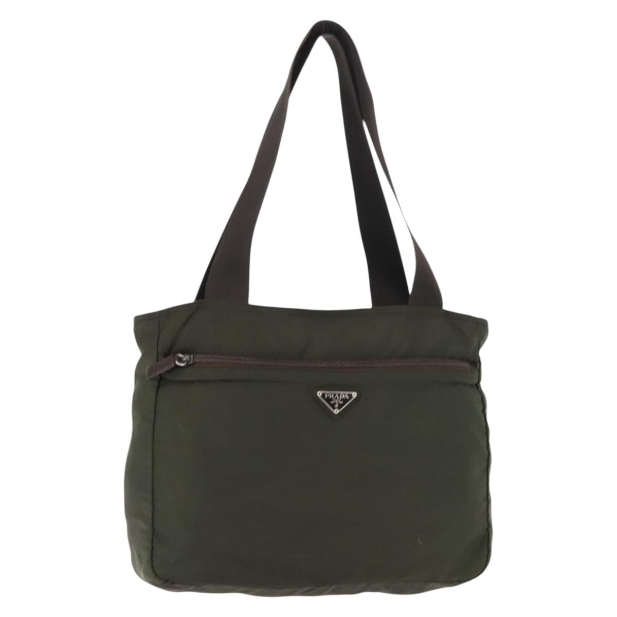 PRADA Tote Bag Nylon Khaki Silver Auth fm4887