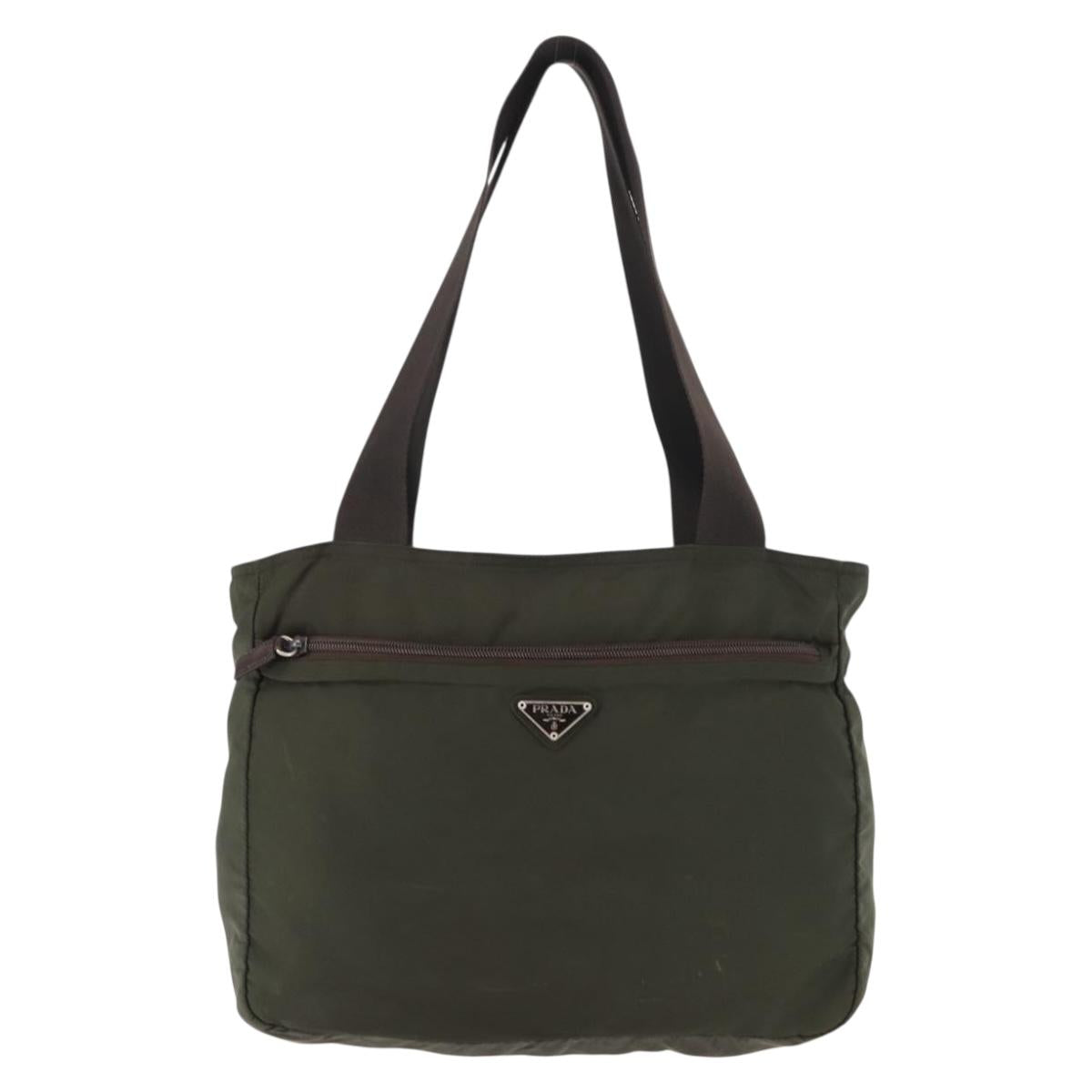 PRADA Tote Bag Nylon Khaki Silver Auth fm4887