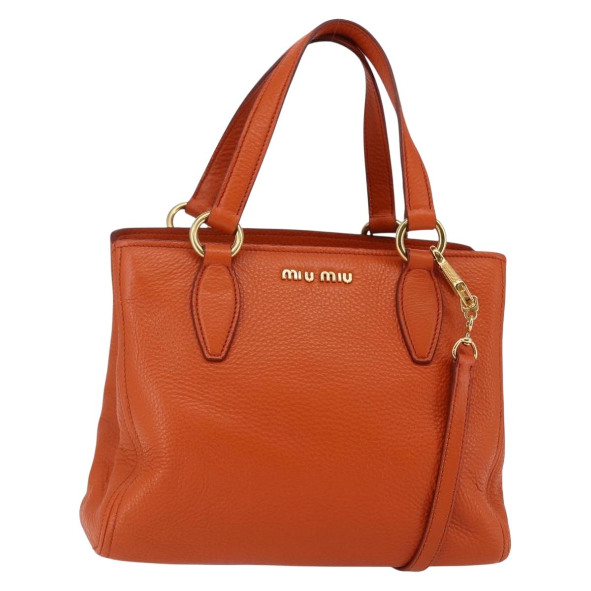 Miu Miu Madras Hand Bag Leather 2way Orange Gold Auth fm4890