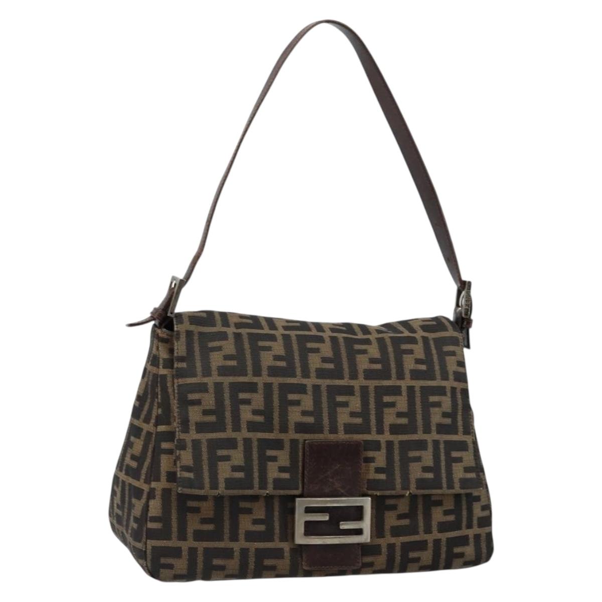 FENDI Zucca Canvas Mamma Baguette Tote Bag Black Silver Brown Auth fm4891