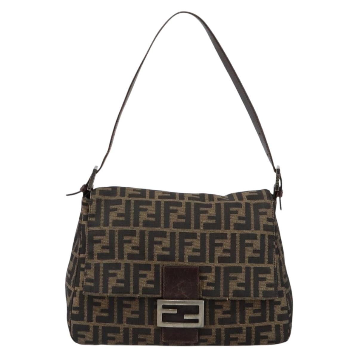FENDI Zucca Canvas Mamma Baguette Tote Bag Black Silver Brown Auth fm4891