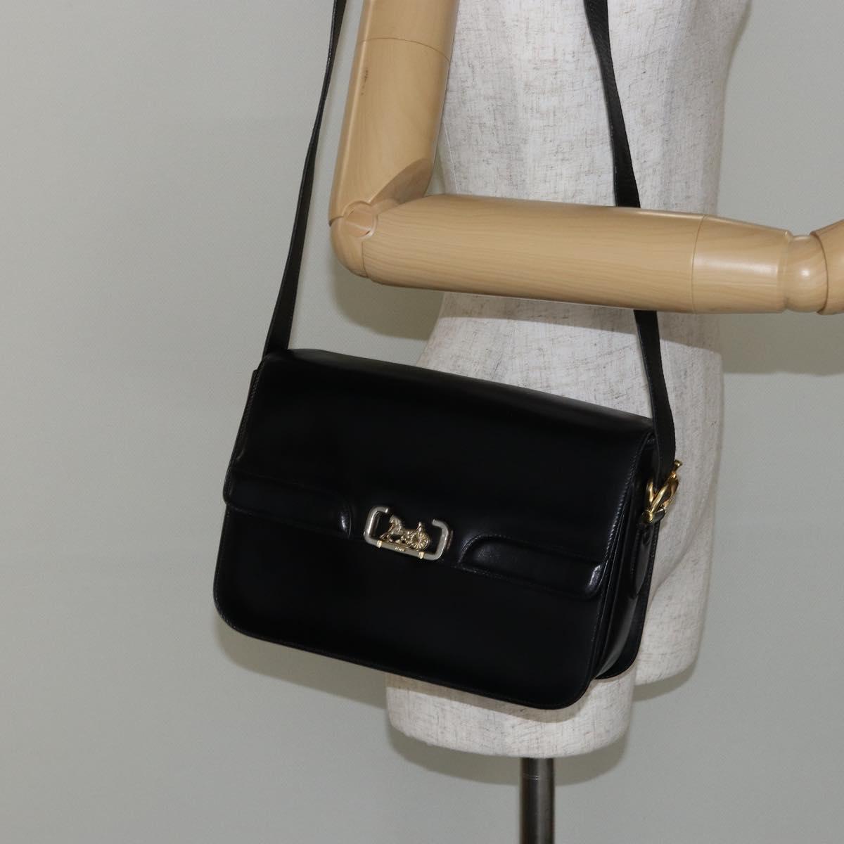 CELINE Horse Carriage Shoulder Bag Leather Black Gold Auth fm4892