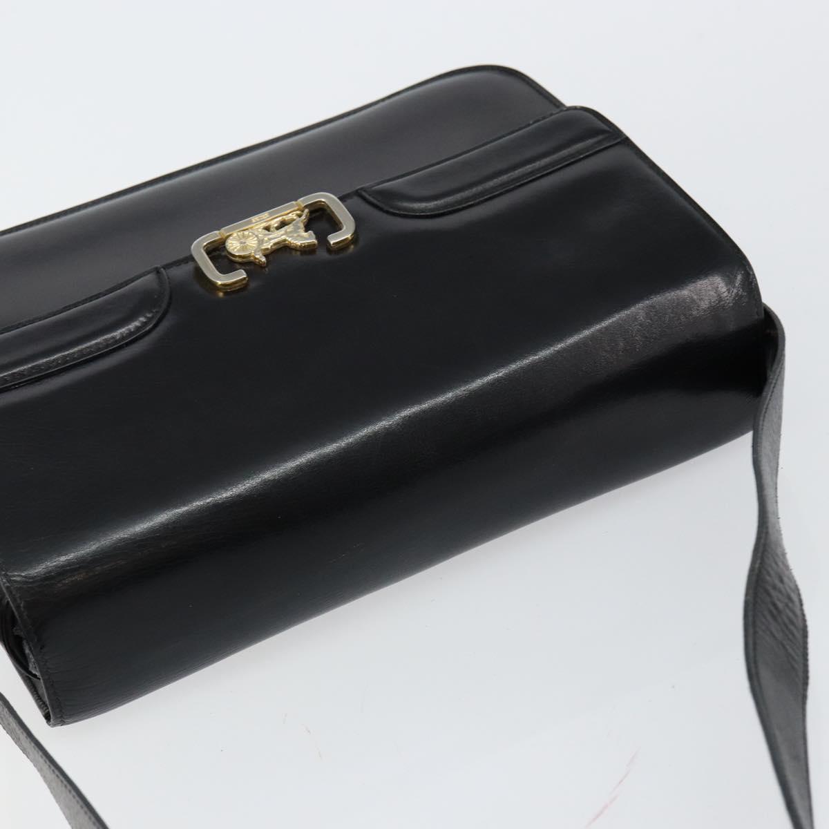 CELINE Horse Carriage Shoulder Bag Leather Black Gold Auth fm4892