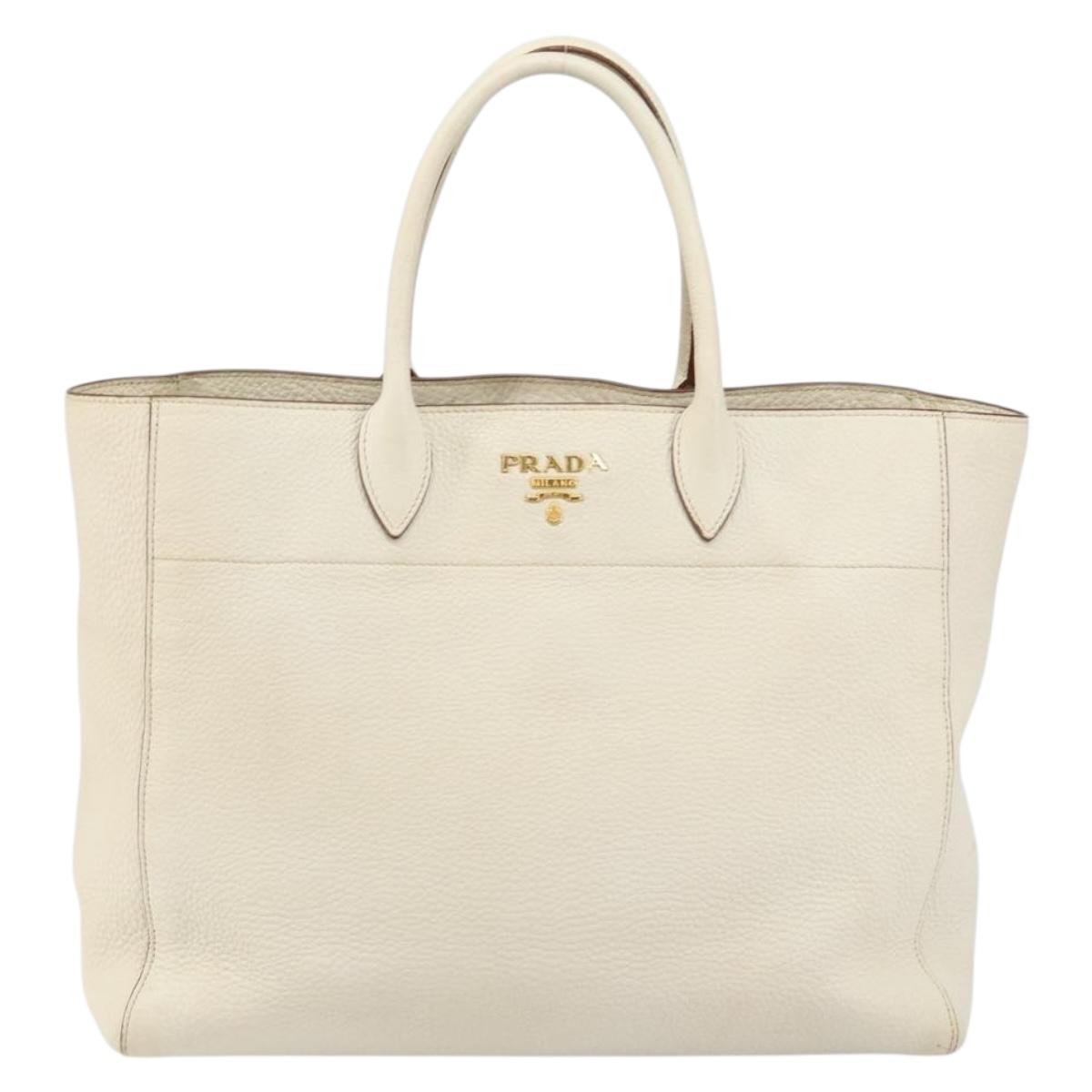 PRADA Tote Bag Leather White Gold Auth fm4895
