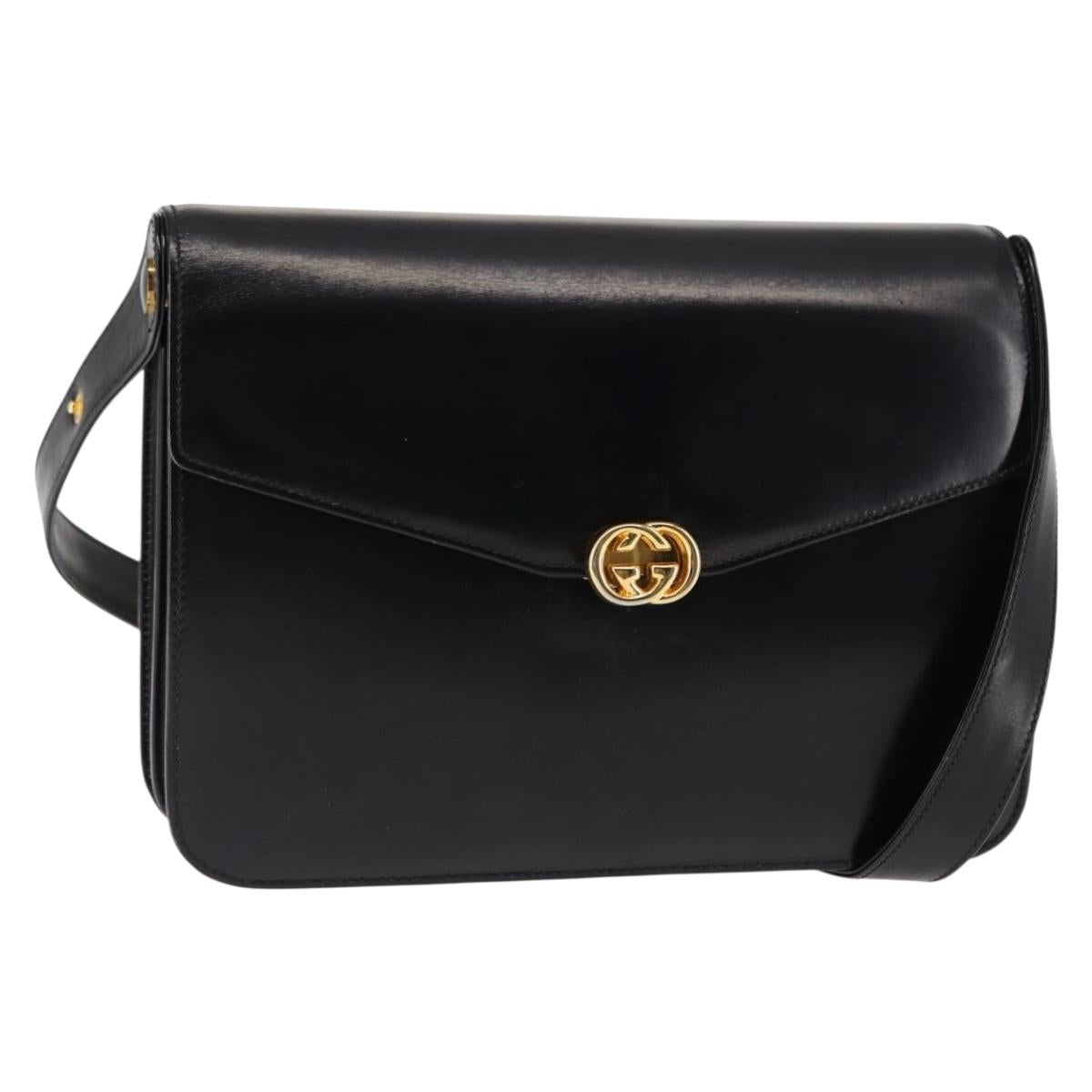 GUCCI Shoulder Bag Leather Black Gold Auth fm4896