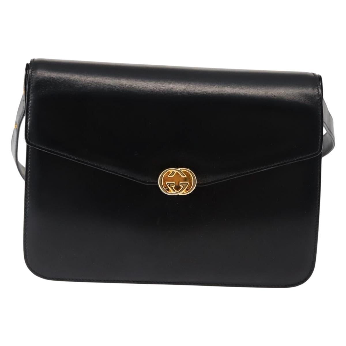 GUCCI Shoulder Bag Leather Black Gold Auth fm4896