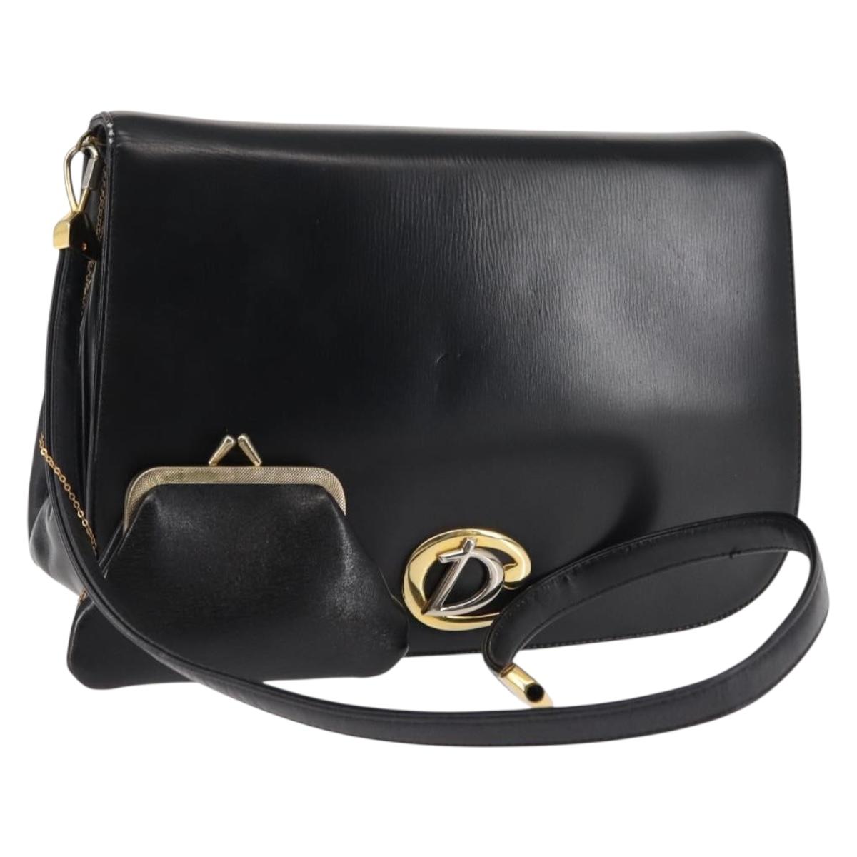 Christian Dior Shoulder Bag Leather Black Gold Auth fm4897