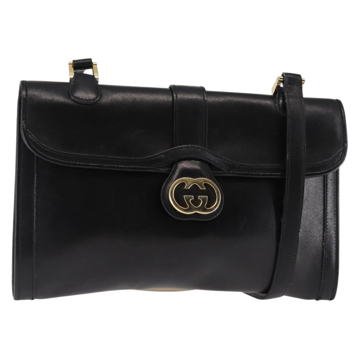 GUCCI Interlocking Shoulder Bag Leather Black Gold Auth fm4898