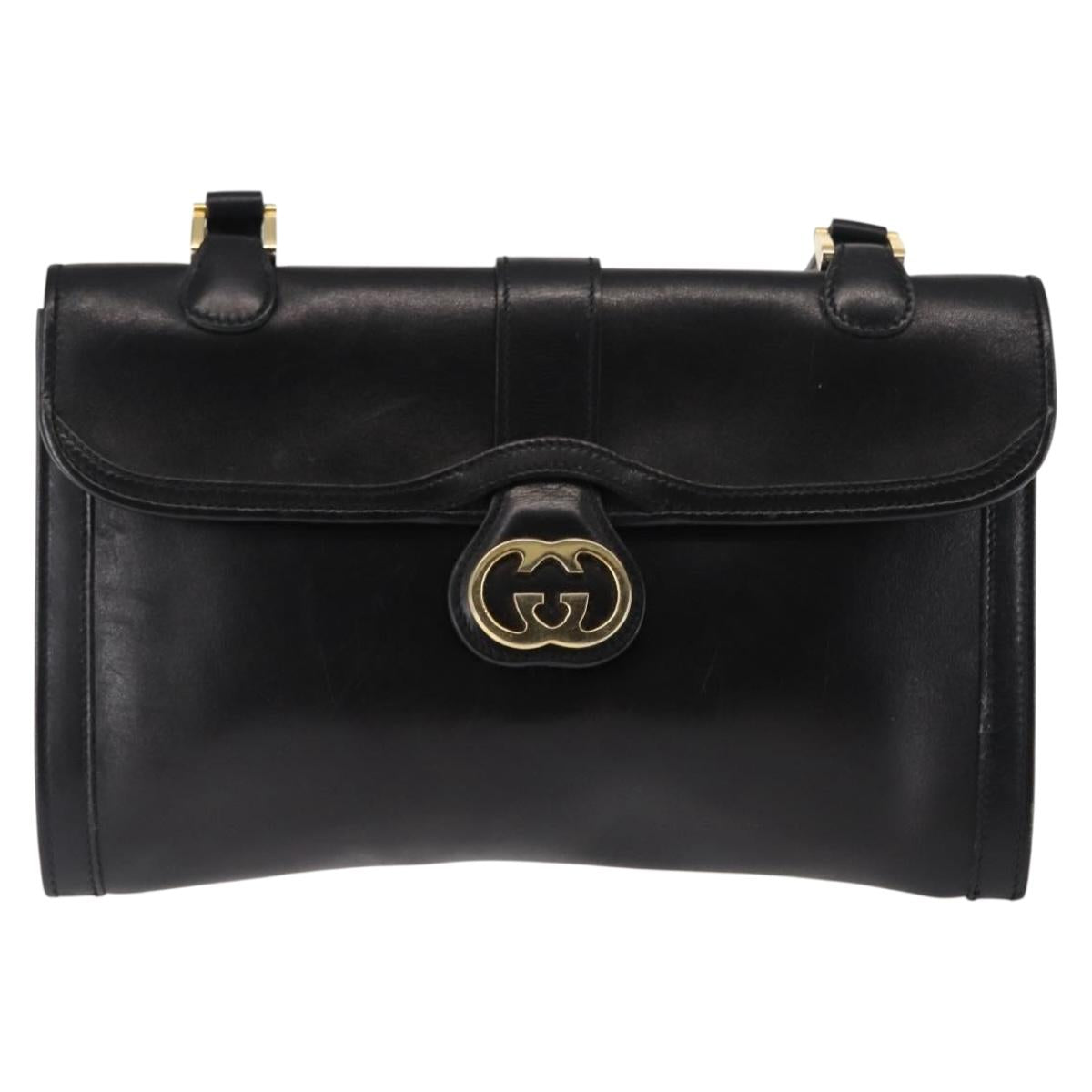 GUCCI Interlocking Shoulder Bag Leather Black Gold Auth fm4898