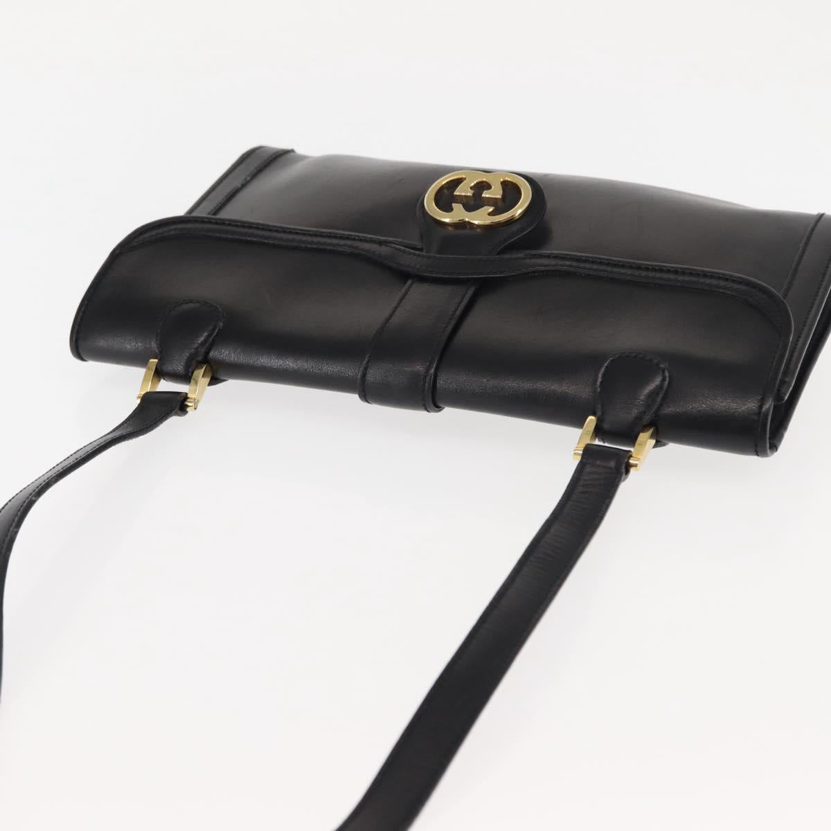 GUCCI Interlocking Shoulder Bag Leather Black Gold Auth fm4898