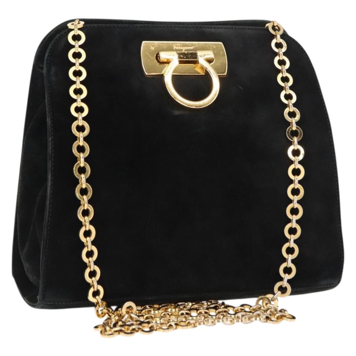 Salvatore Ferragamo Gancini Chain Shoulder Bag Suede Black Gold Auth fm4930
