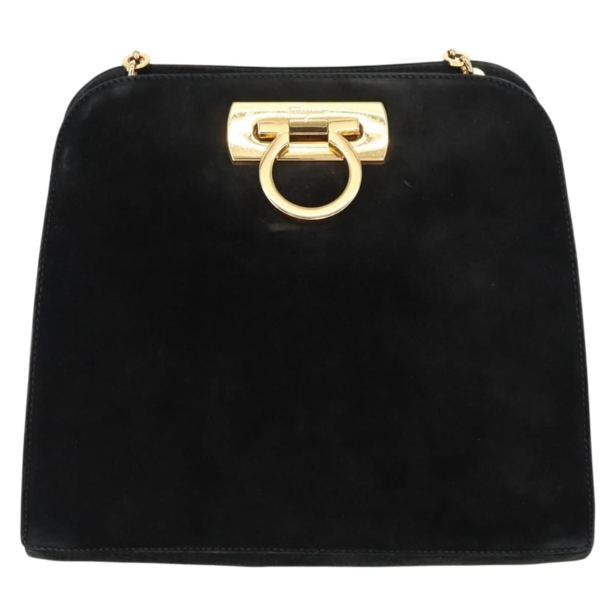 Salvatore Ferragamo Gancini Chain Shoulder Bag Suede Black Gold Auth fm4930