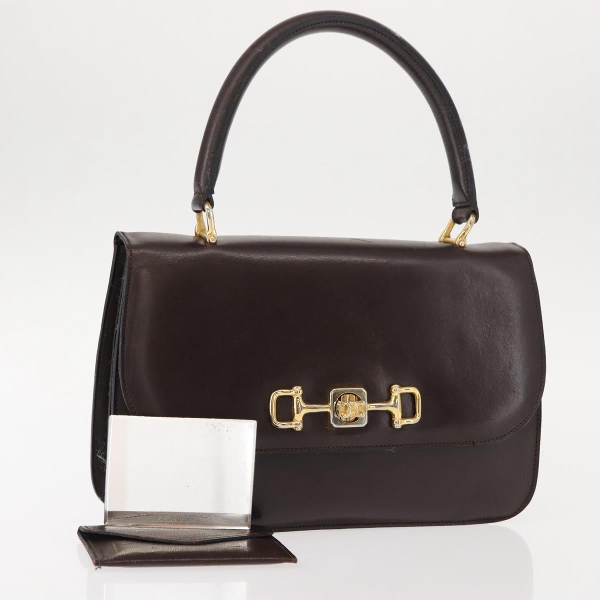 CELINE Hand Bag Leather Brown Gold Auth fm4934