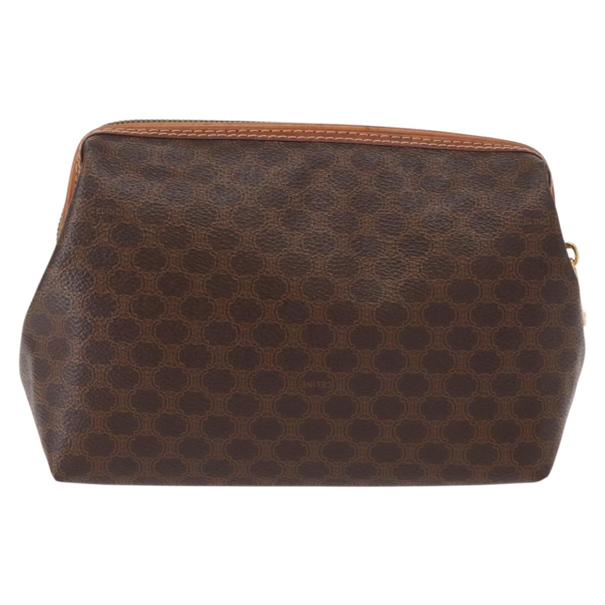 CELINE Macadam Canvas Pouch PVC Leather Brown Gold Auth fm4951