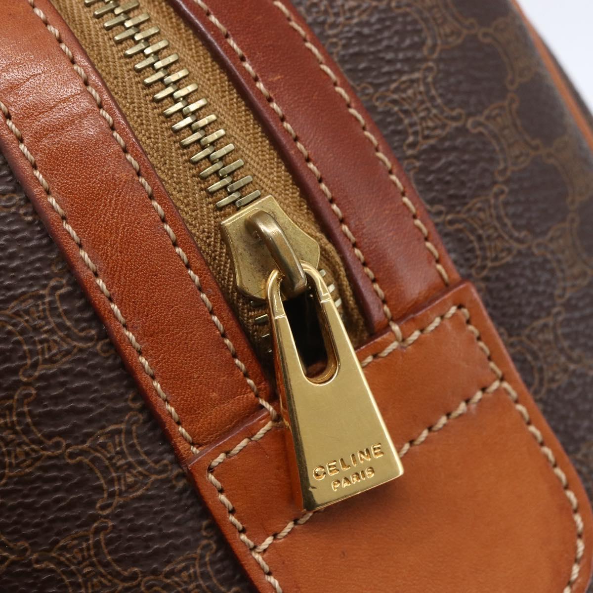 CELINE Macadam Canvas Boston Bag PVC Brown Gold Auth fm4952