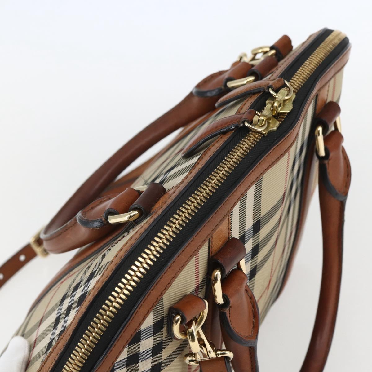 BURBERRY Nova Check Hand Bag PVC 2way Beige Gold Auth fm4955