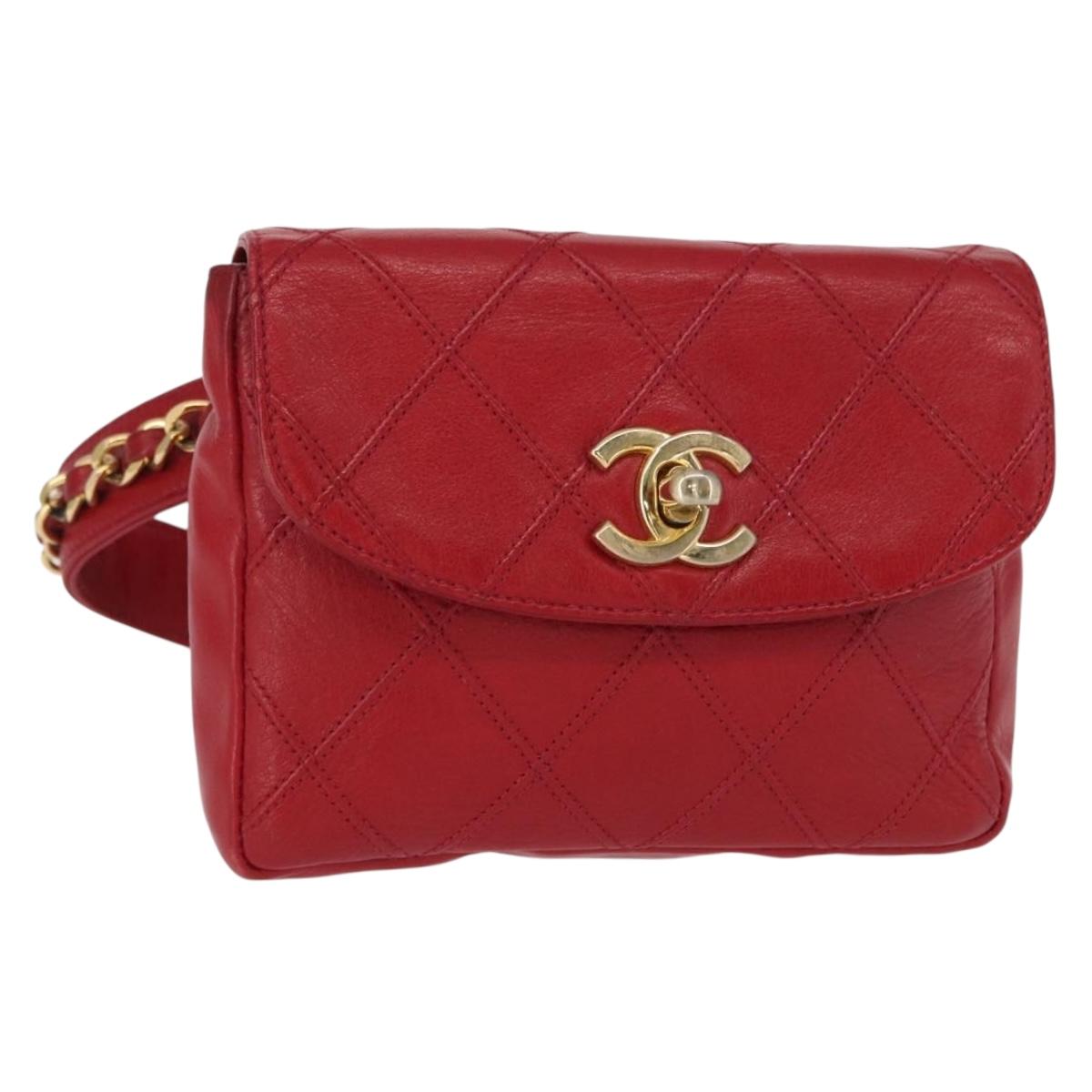 CHANEL Bicolore Waist bag Lamb Skin Red Gold CC Auth fm4971