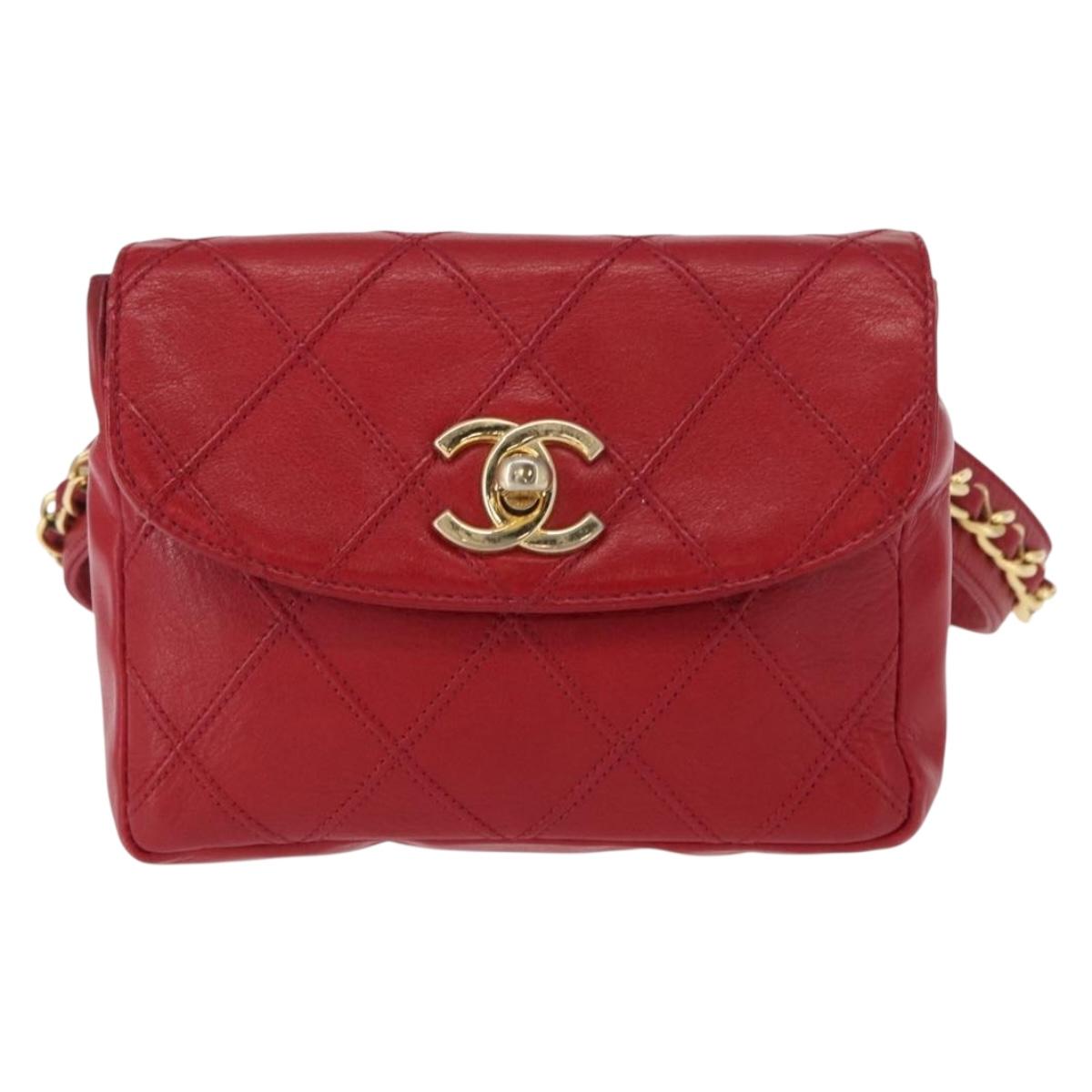 CHANEL Bicolore Waist bag Lamb Skin Red Gold CC Auth fm4971