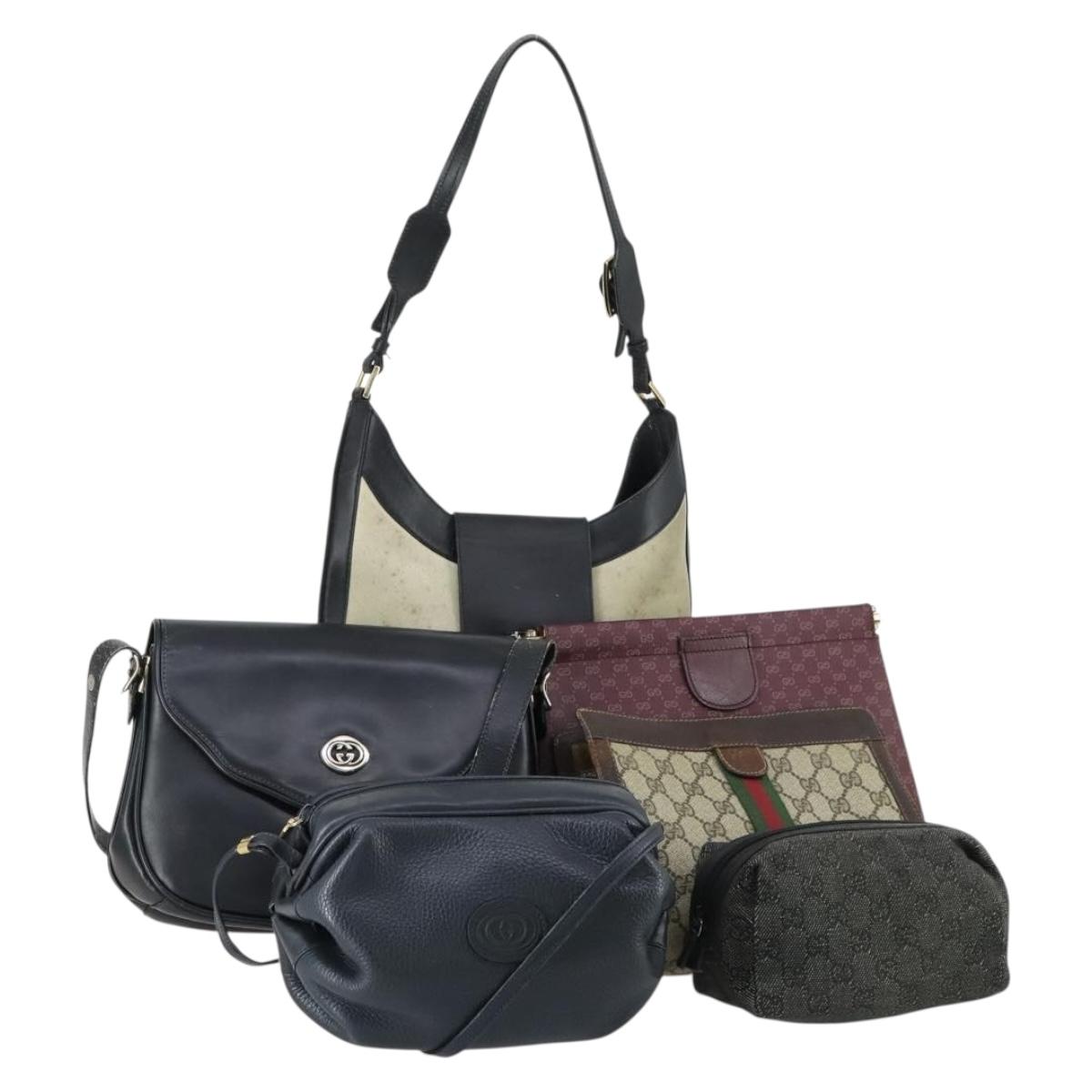 GUCCI GG Canvas Shoulder Bag Leather 6 Set Beige Black Navy Auth fm4975