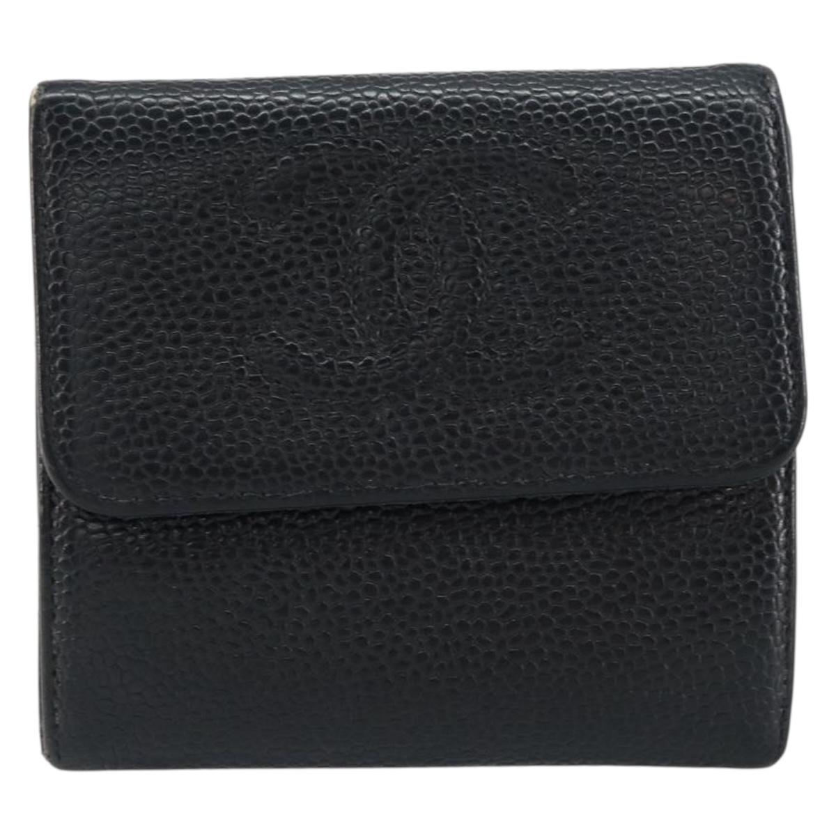 CHANEL Wallet Caviar Skin Black Gold CC Auth fm4996