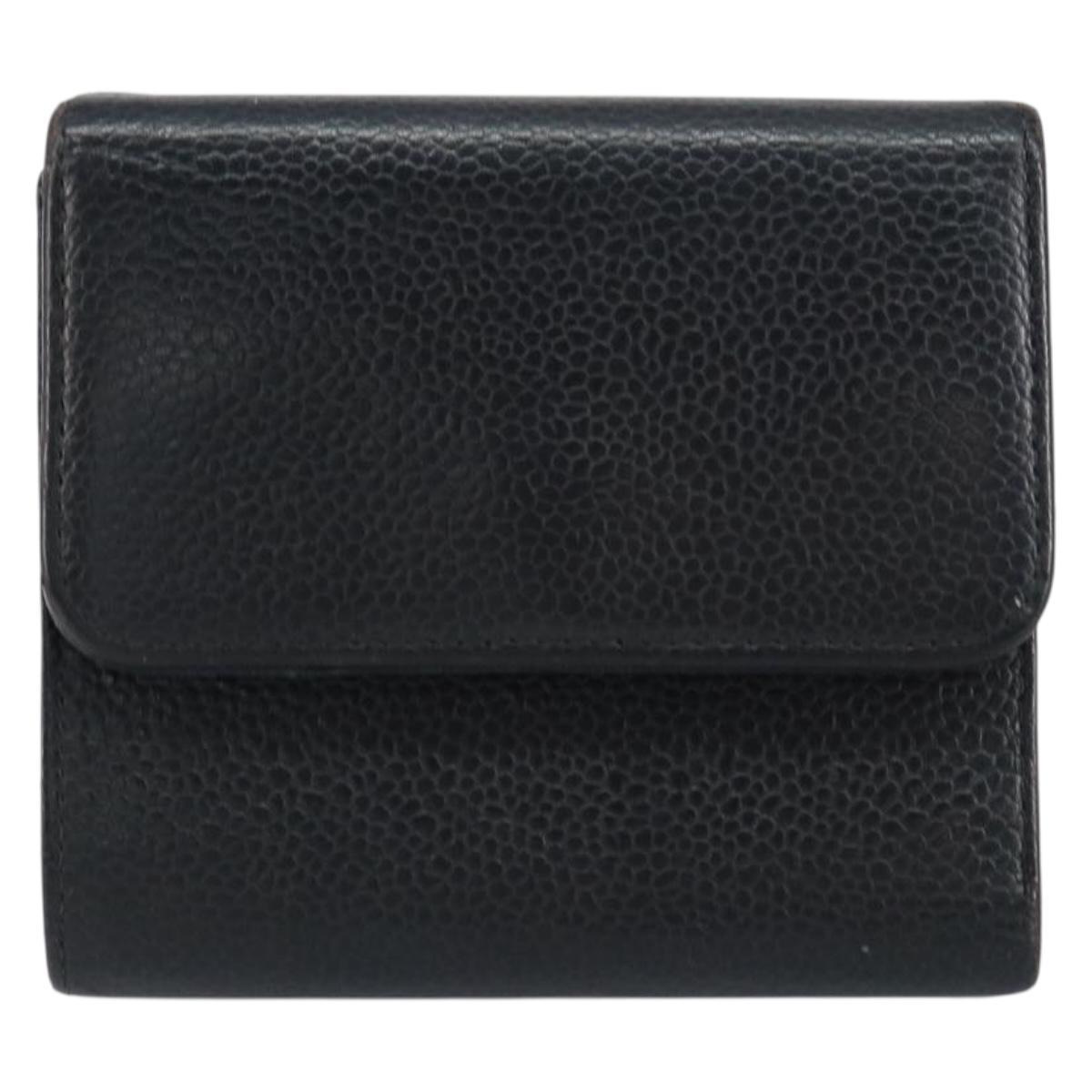 CHANEL Wallet Caviar Skin Black Gold CC Auth fm4996