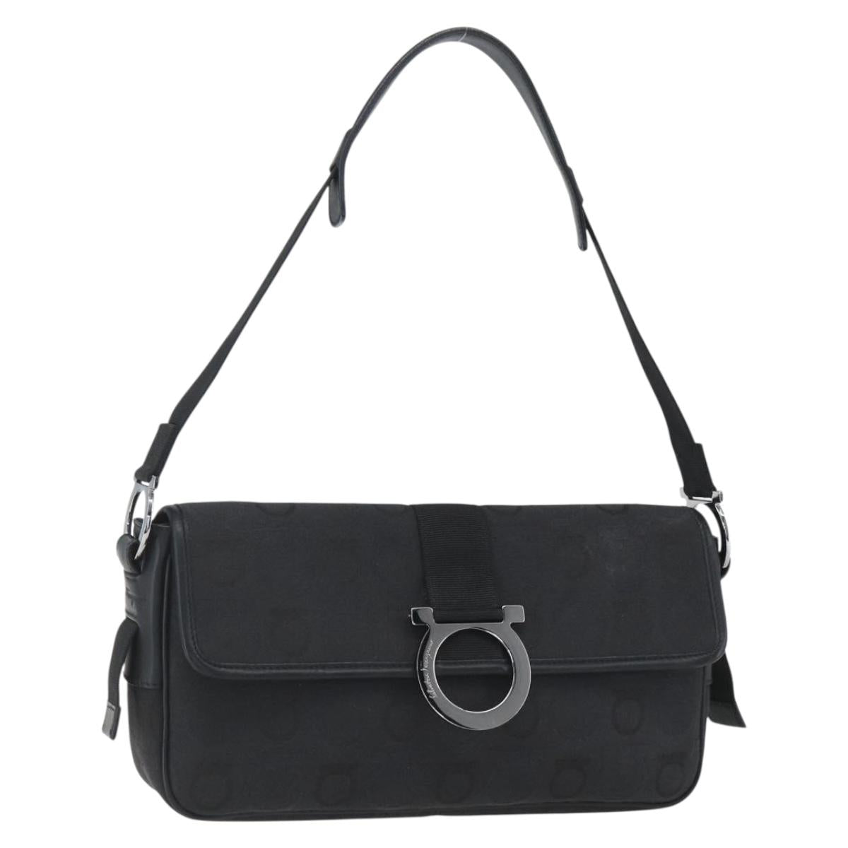Salvatore Ferragamo Gancini Shoulder Bag Canvas Black Silver Auth fm5022V