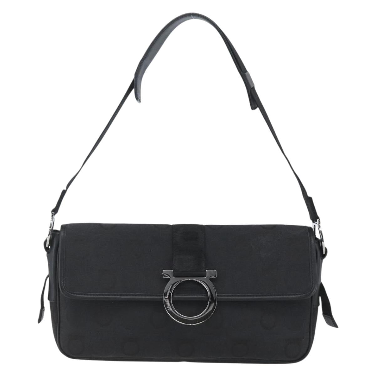 Salvatore Ferragamo Gancini Shoulder Bag Canvas Black Silver Auth fm5022V