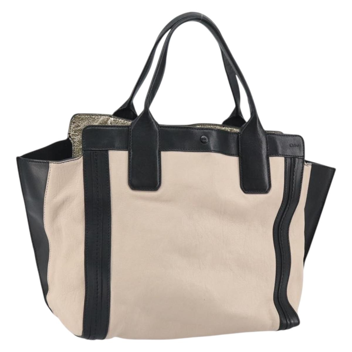 Chloe Alison Hand Bag Leather Beige Black gold Auth fm5024