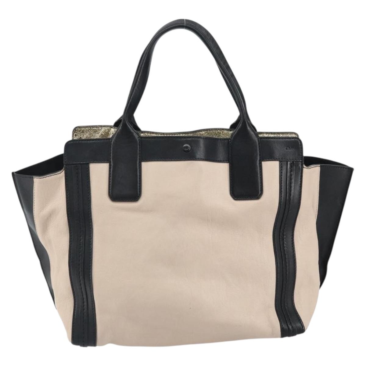 Chloe Alison Hand Bag Leather Beige Black gold Auth fm5024