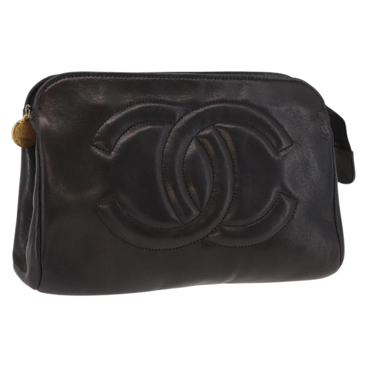 CHANEL Pouch Lamb Skin Black Gold CC Auth fm5050