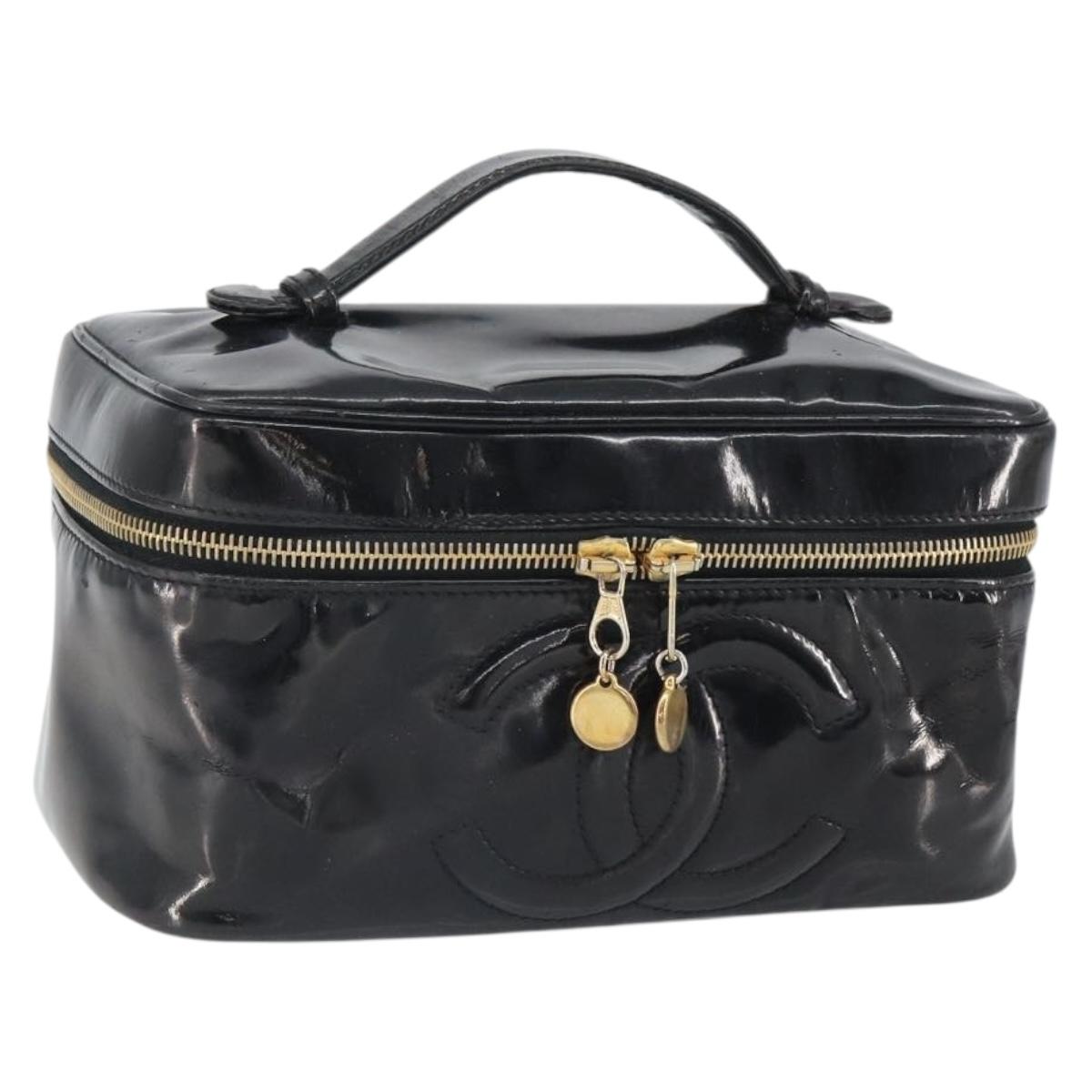 CHANEL Vanity Pouch Patent leather Black Gold CC Auth fm5051