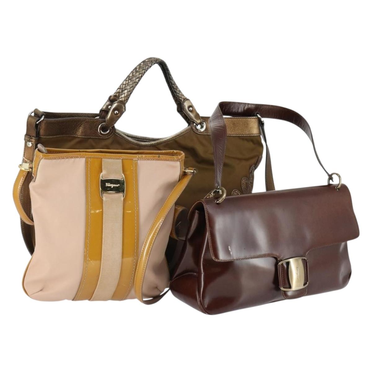 Salvatore Ferragamo Vala Bag Leather nylon 3 Set Beige Brown Auth fm5064