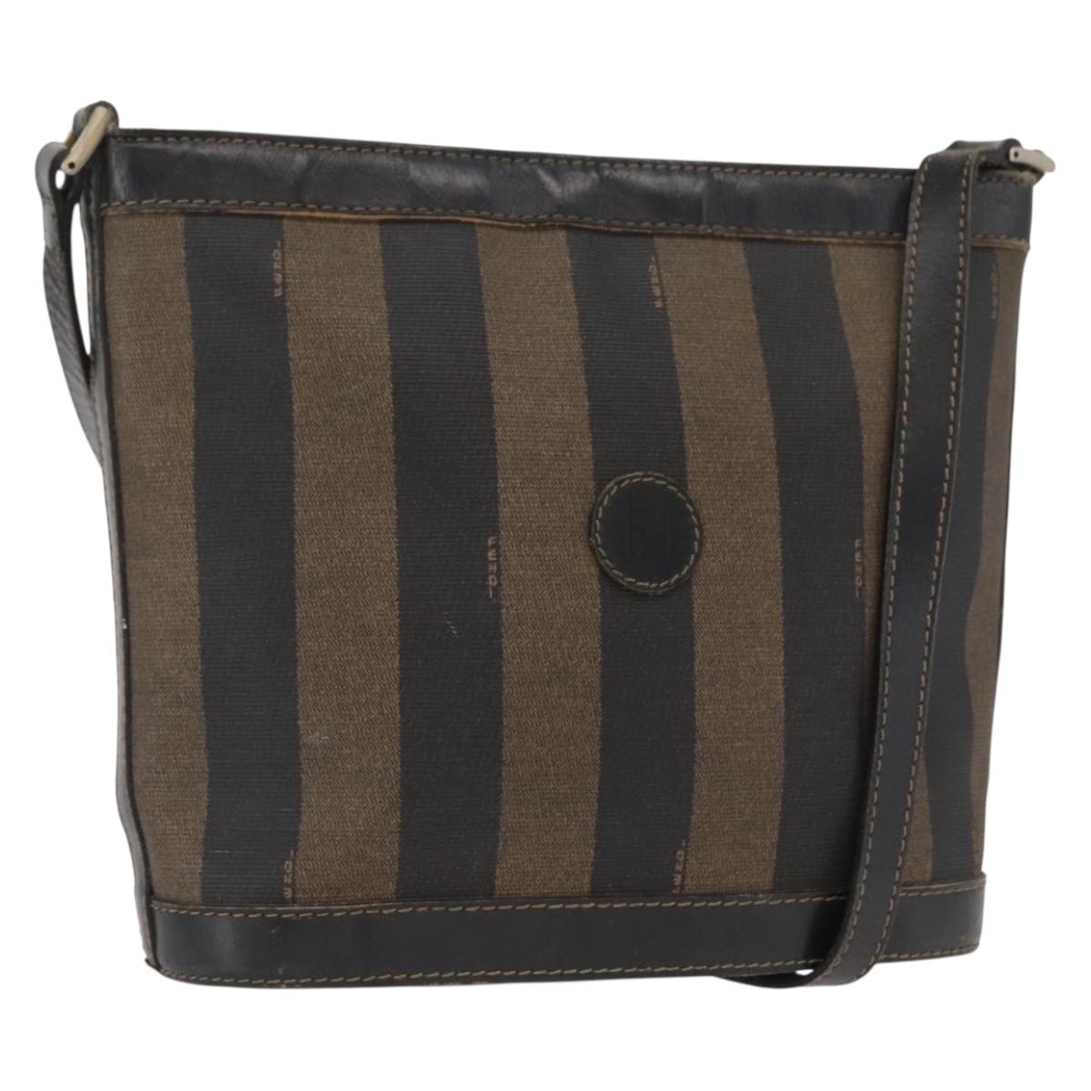 FENDI Pecan Canvas Shoulder Bag PVC Black Brown gold Auth fm5072
