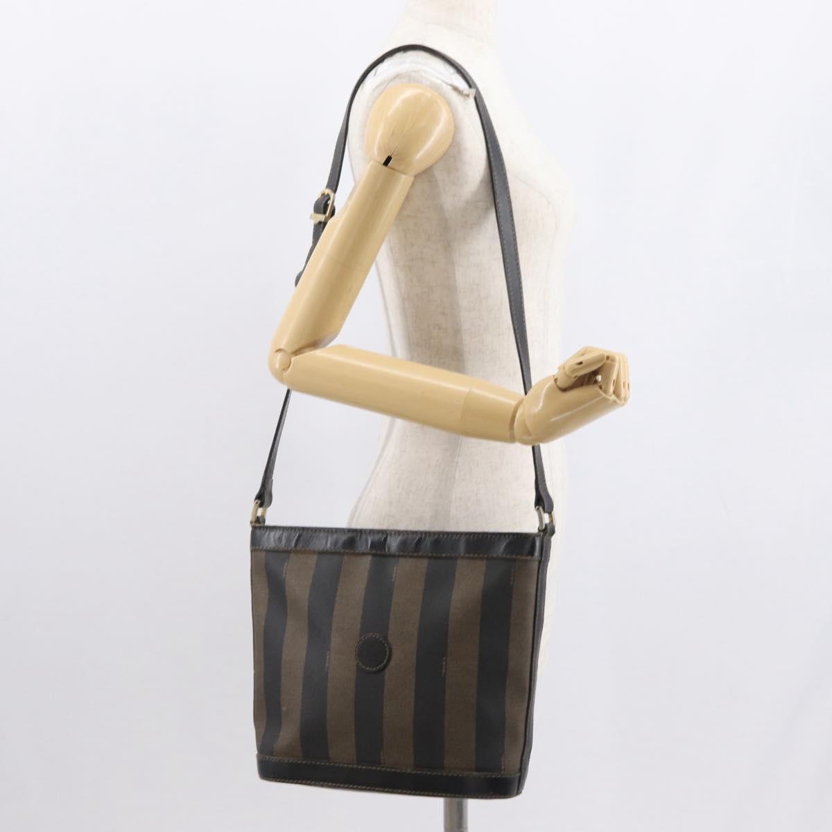 FENDI Pecan Canvas Shoulder Bag PVC Black Brown gold Auth fm5072
