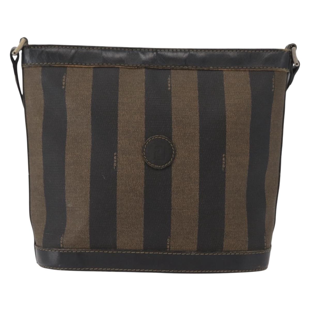 FENDI Pecan Canvas Shoulder Bag PVC Black Brown gold Auth fm5072