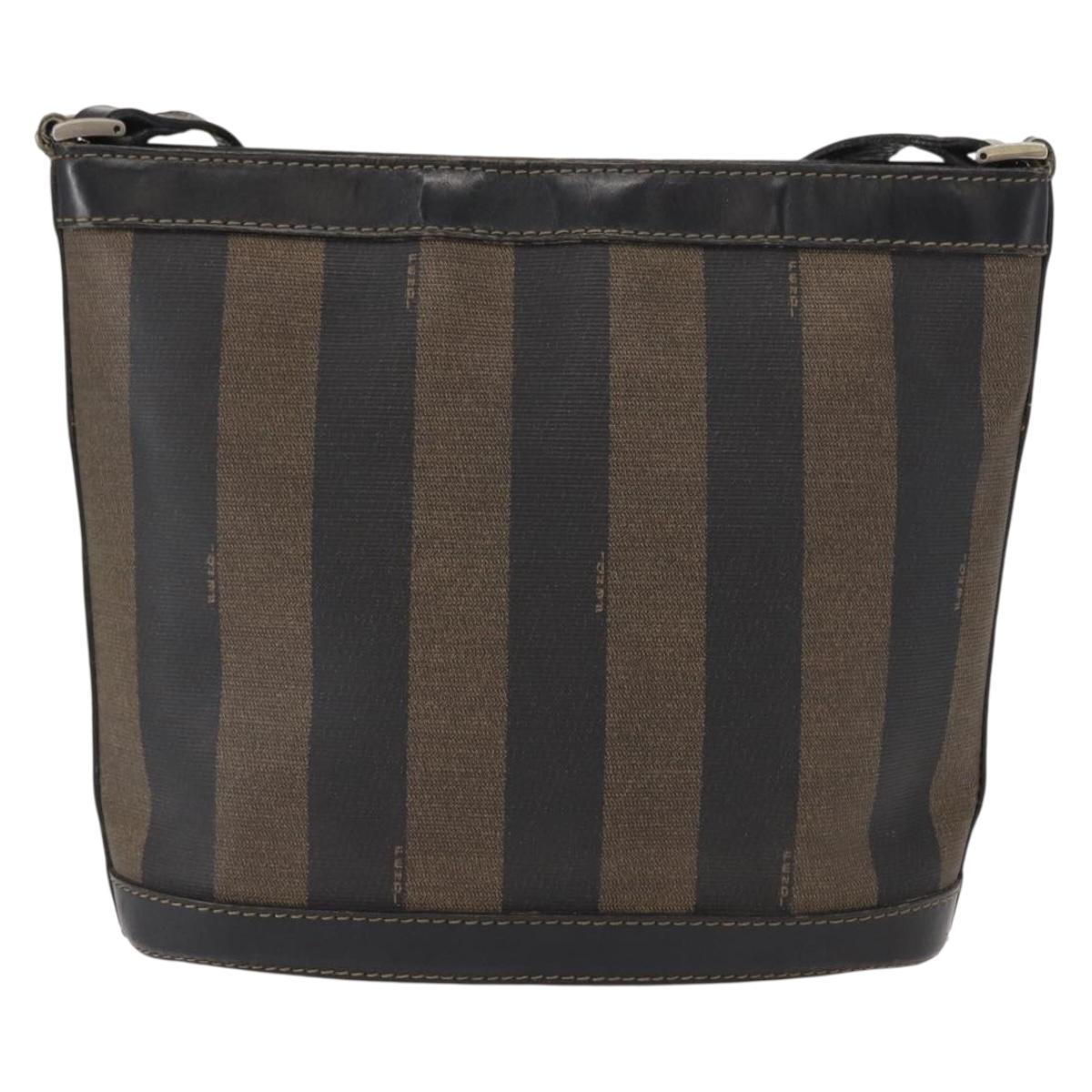 FENDI Pecan Canvas Shoulder Bag PVC Black Brown gold Auth fm5072