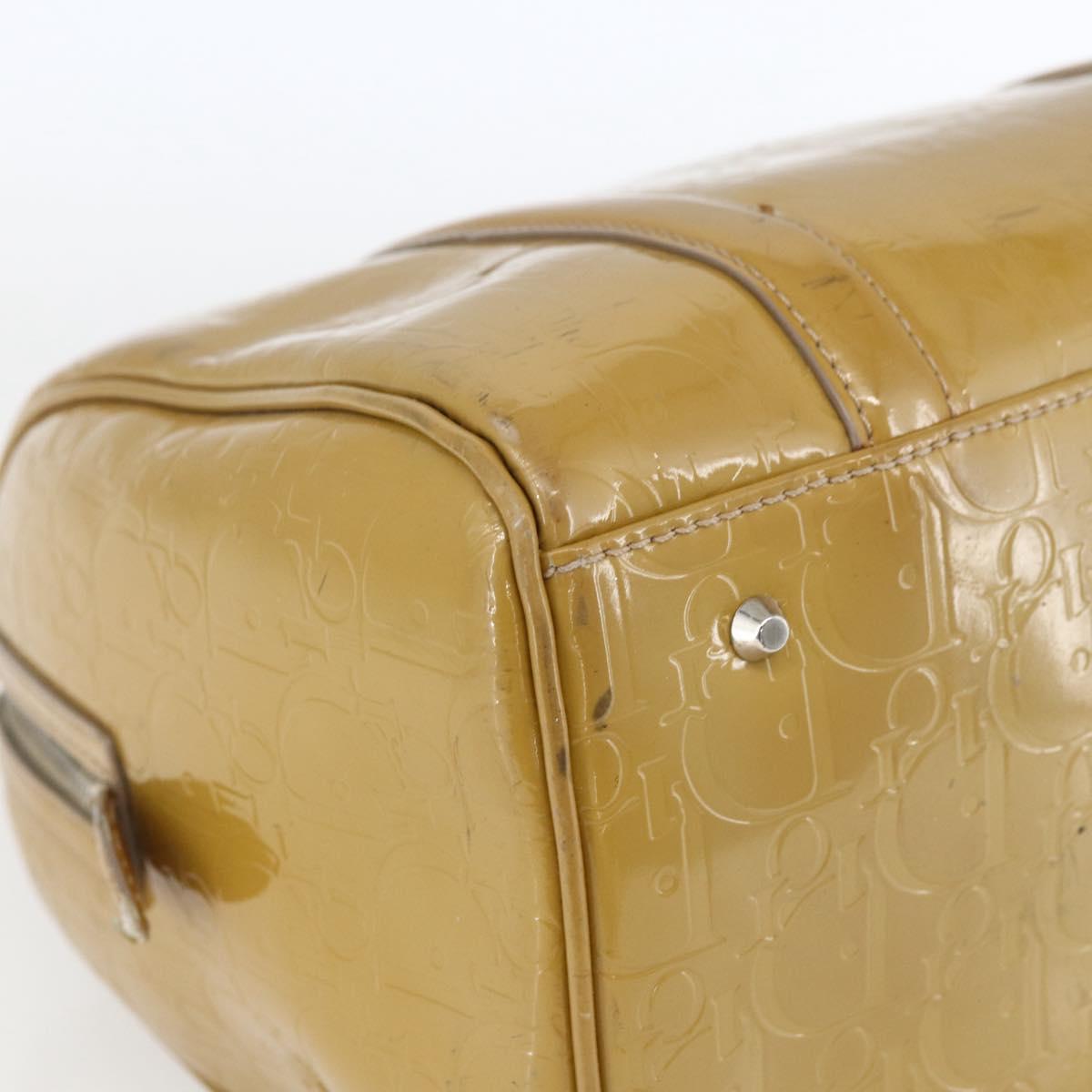 Christian Dior Trotter Canvas Boston Bag Patent leather Beige Silver Auth fm5079