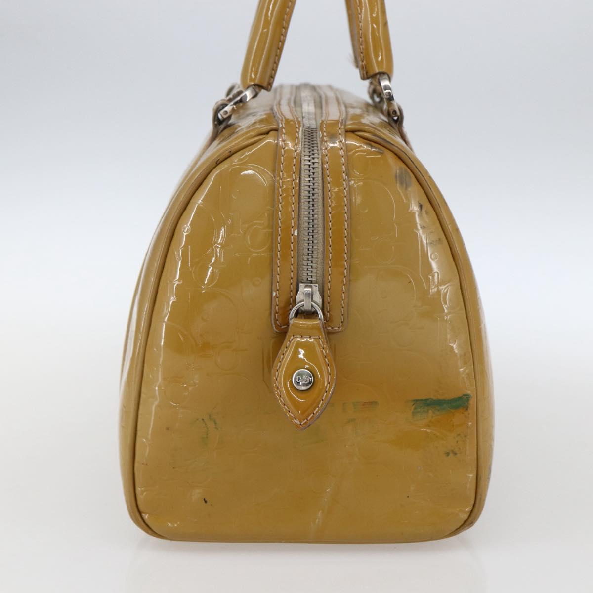 Christian Dior Trotter Canvas Boston Bag Patent leather Beige Silver Auth fm5079