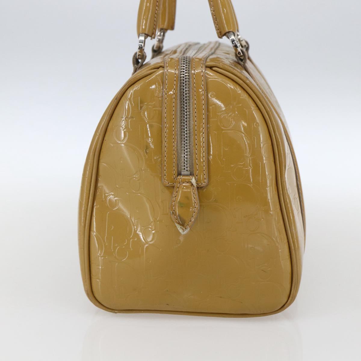 Christian Dior Trotter Canvas Boston Bag Patent leather Beige Silver Auth fm5079
