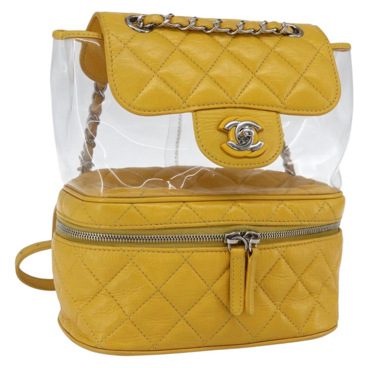 CHANEL Matelasse Chain Aquarium Backpack Leather Vinyl Yellow CC Auth fm5093V