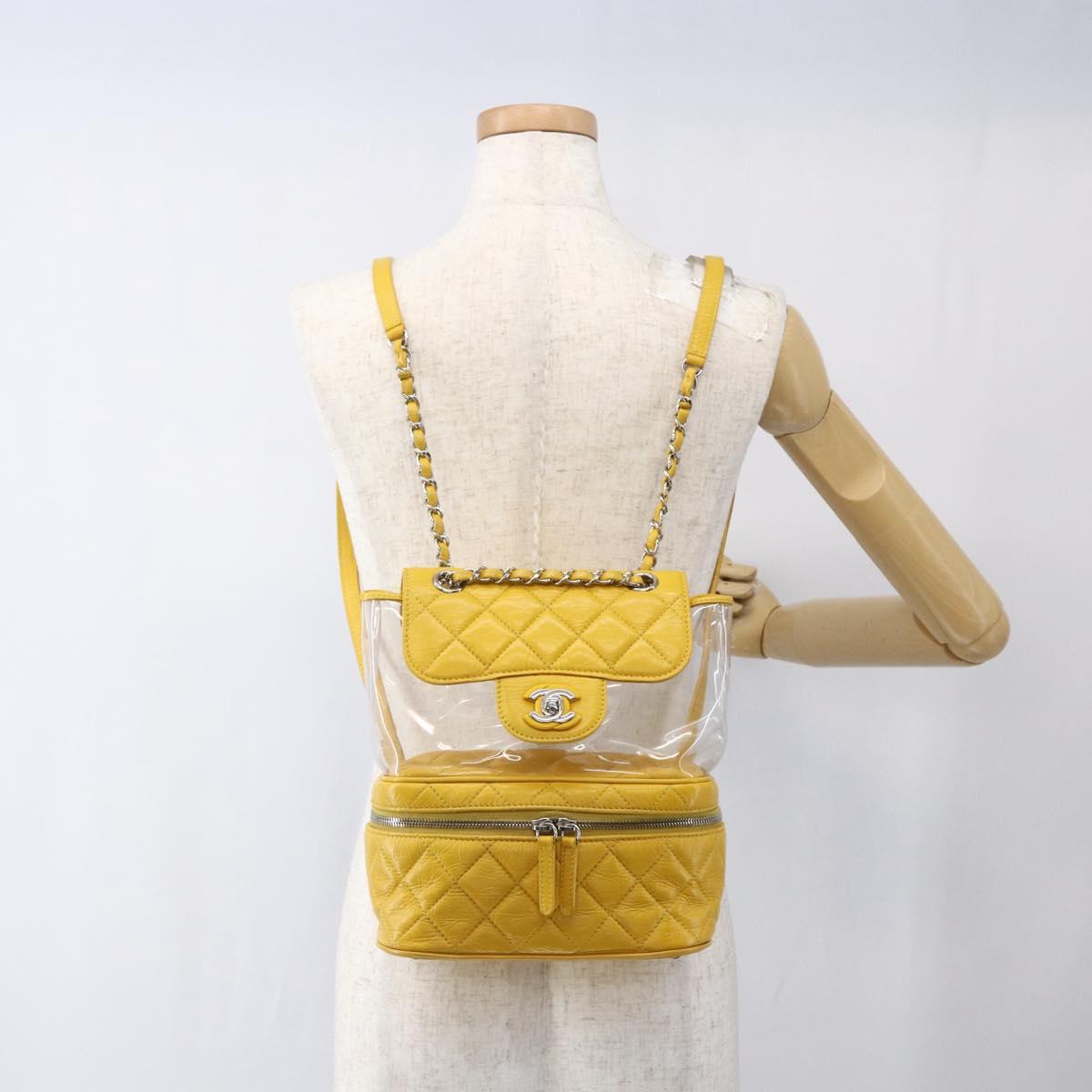 CHANEL Matelasse Chain Aquarium Backpack Leather Vinyl Yellow CC Auth fm5093V