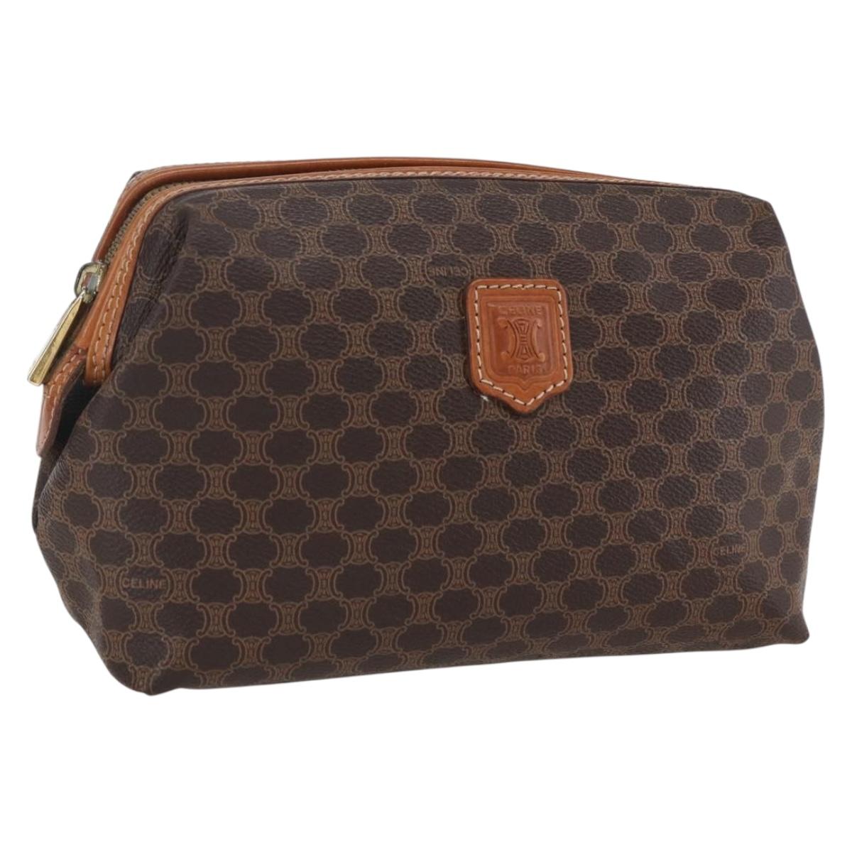 CELINE Macadam Canvas Pouch PVC Leather Brown Gold Auth fm5108