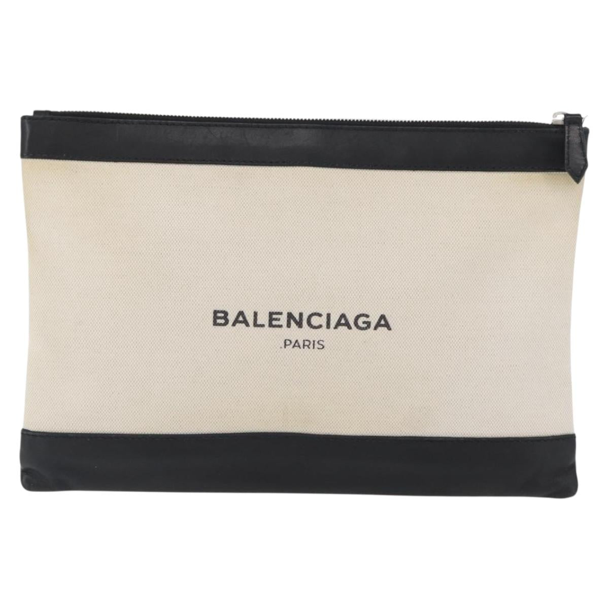 BALENCIAGA Navy clip M Clutch Bag Canvas Leather Beige Black 373834 Auth fm5111