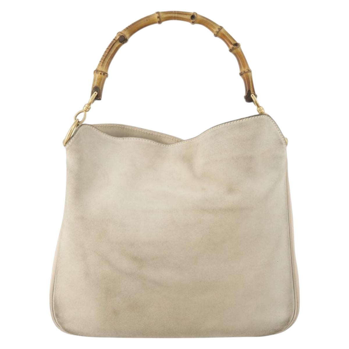 GUCCI Bamboo Shoulder Bag Suede Ivory Gold 001 2113 Auth fm5113
