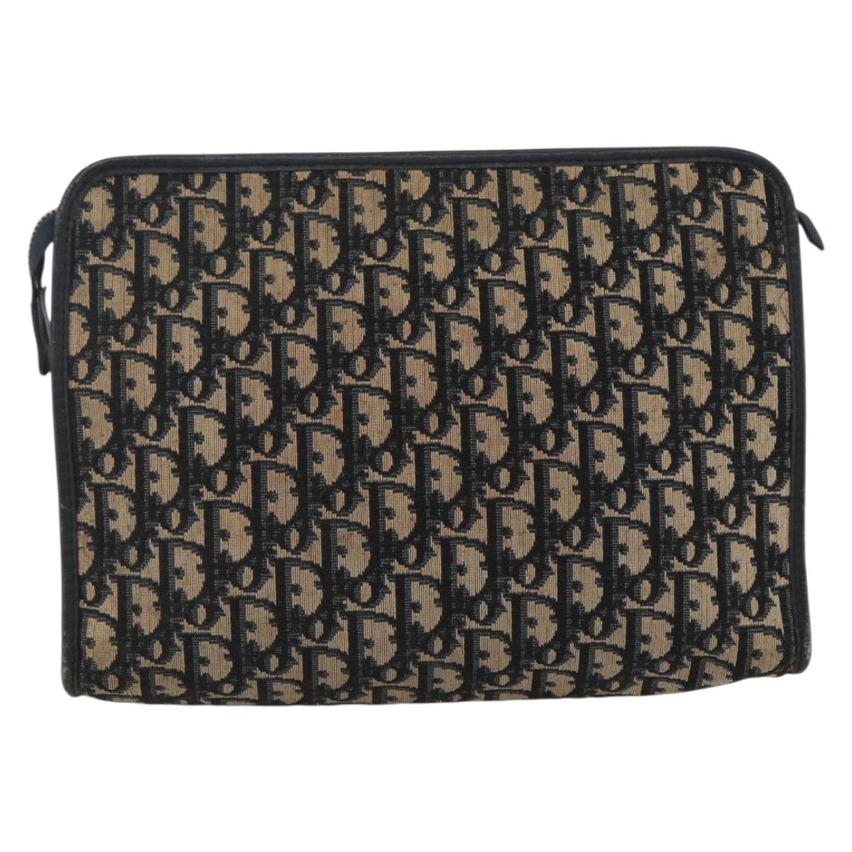 Christian Dior Trotter Canvas Clutch Bag Navy Silver Auth fm5120