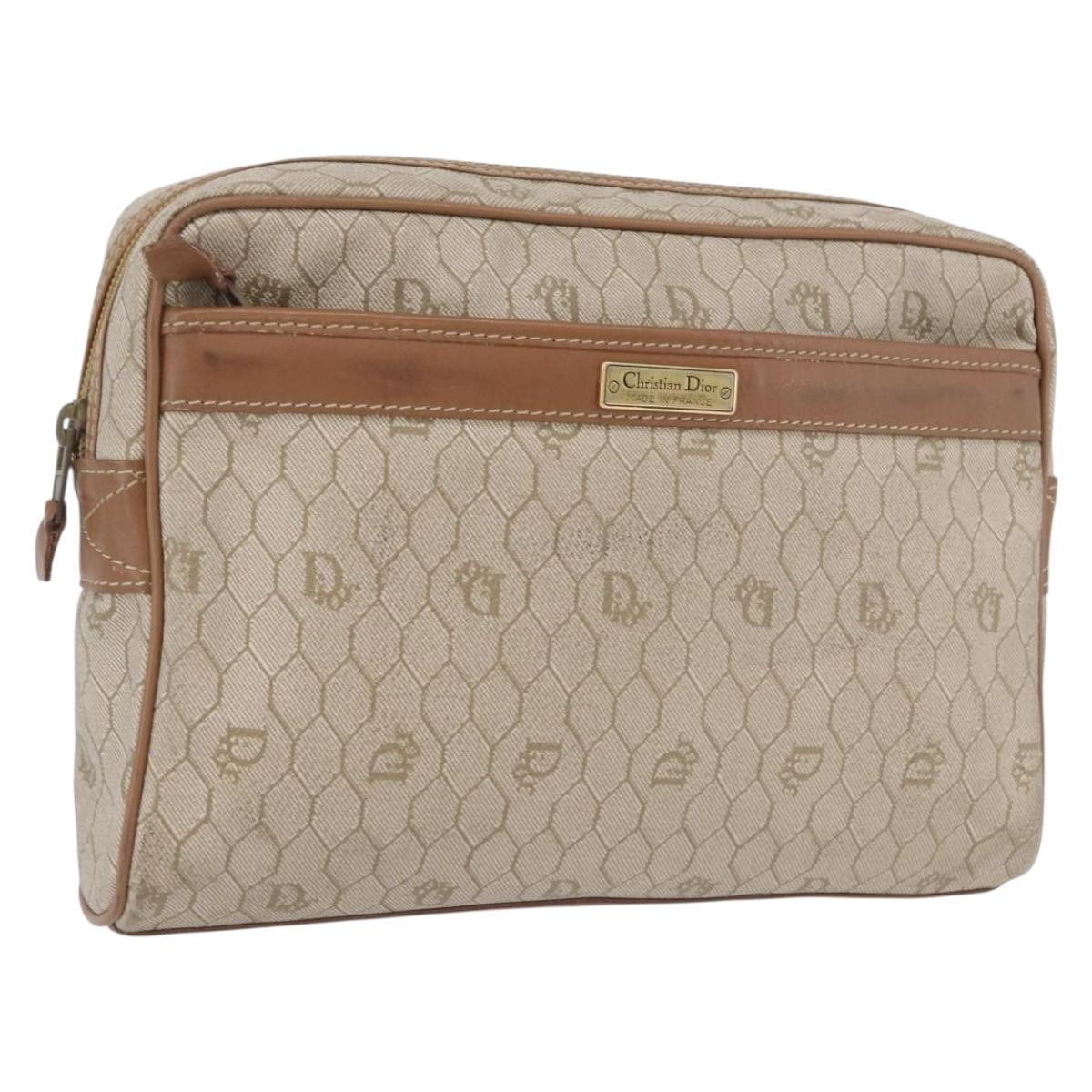 Christian Dior Honeycomb Canvas Clutch Bag PVC Beige Gold Auth fm5130