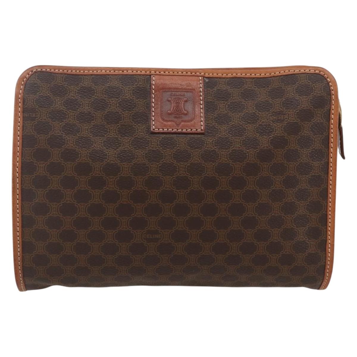 CELINE Macadam Canvas Clutch Bag PVC Leather Brown Gold Auth fm5133